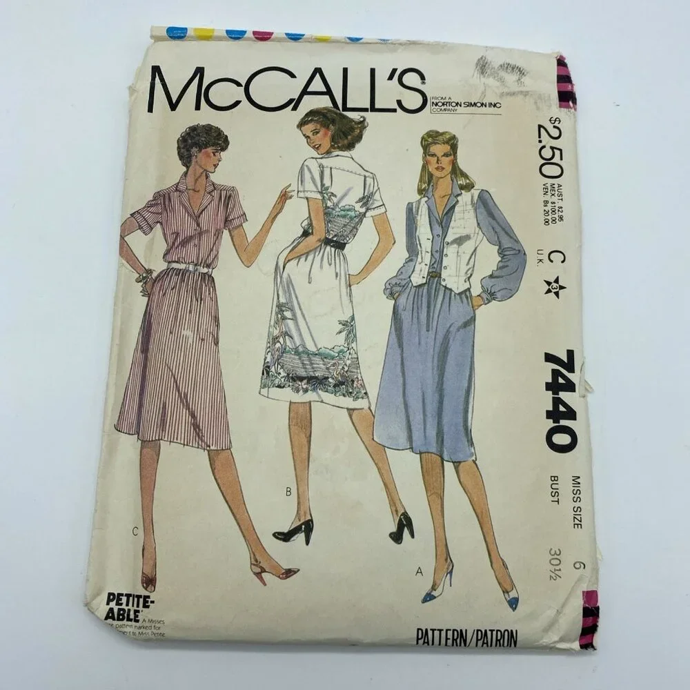 McCall's 7440 Misses Size 6 Bust 30.5 Buttoned Pullover Dress & Vest 1981
